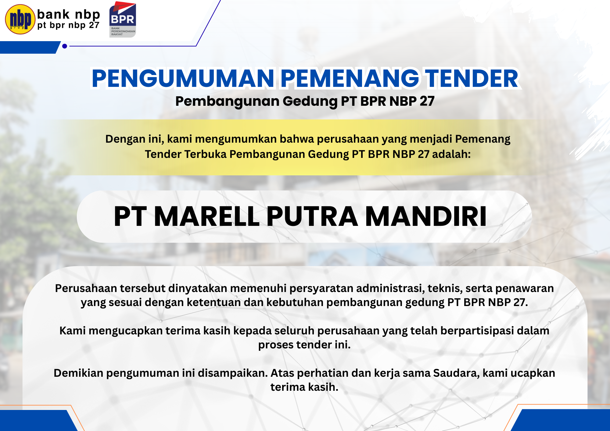 Pengumuman Pemenang Tender Pembangunan Gedung