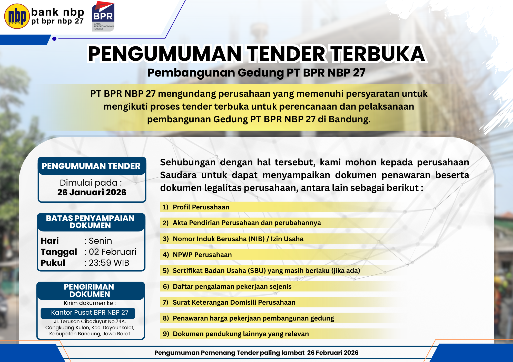 Pengumuman Tender Terbuka Pembangunan Gedung