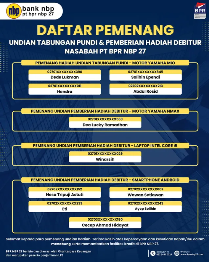 Daftar Pemenang Undian Tabungan Pundi & Pemberian Hadiah Debitur BPR NBP 27
